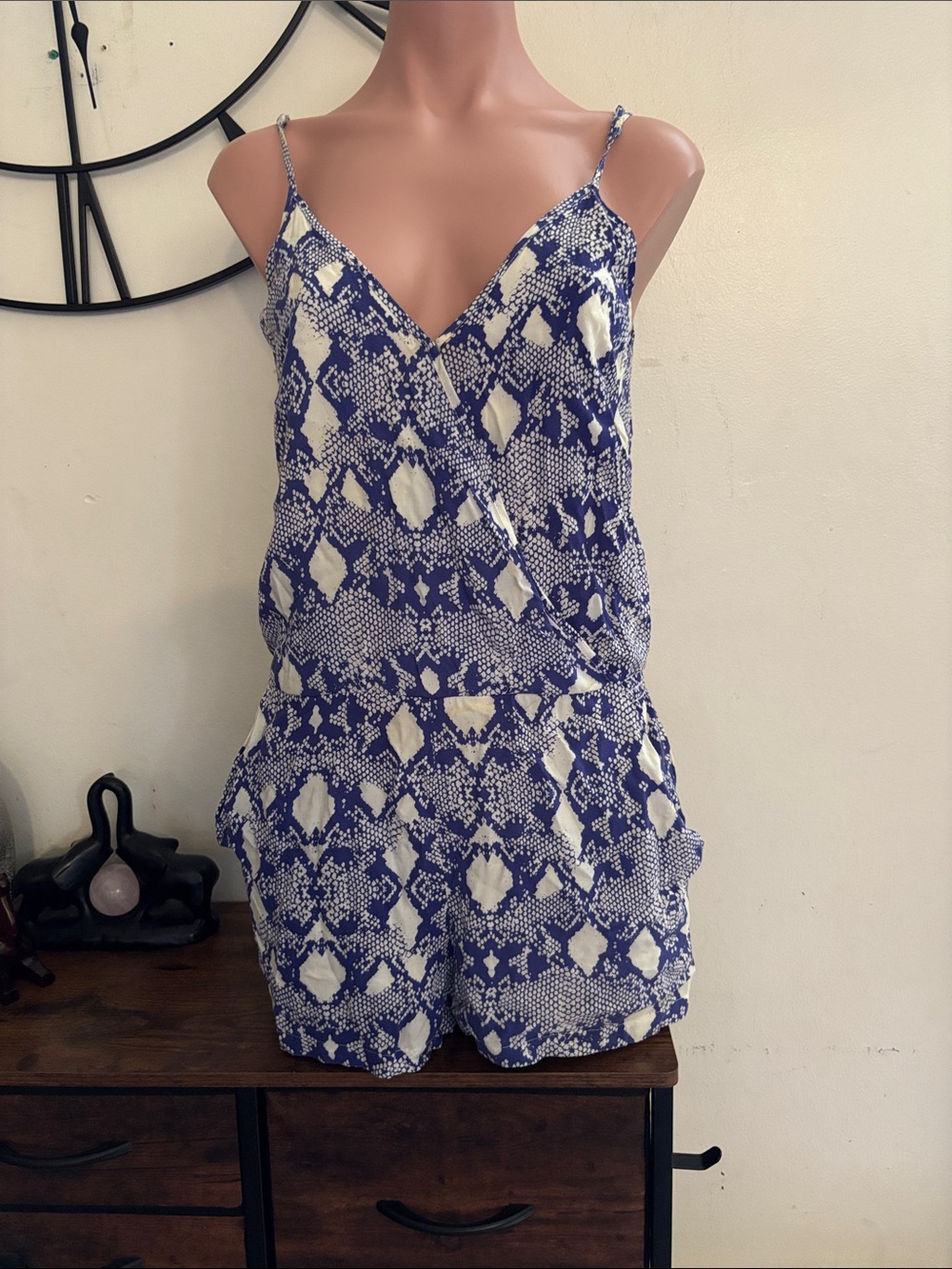 #304 Aqua Blue and White Printed Spaghetti Strap Romper